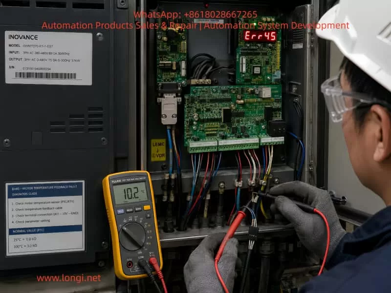 Technician diagnosing an Inovance IS580 hydraulic servo drive Err45 motor temperature feedback fault by testing the motor temperature circuit and control terminals with a digital multimeter.