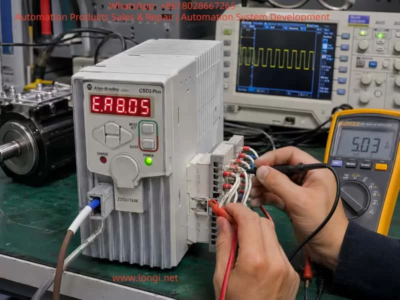 Allen-Bradley OEMax CSD3 Plus servo drive displaying an E-series fault code while a technician measures encoder and control-terminal signals with a digital multimeter on an industrial electronics repair bench.