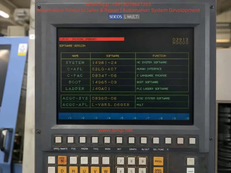Close-up of a Hitachi Seiki SEICOS L MULTI CNC control panel displaying the L2191 MACHINE UNREADY alarm and software version information on an HT 23R III lathe.