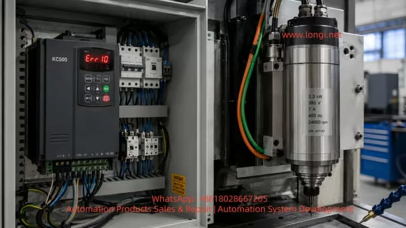 KC500 inverter displaying Err10 fault connected to a 400 Hz high-speed spindle motor in an industrial CNC control cabinet.