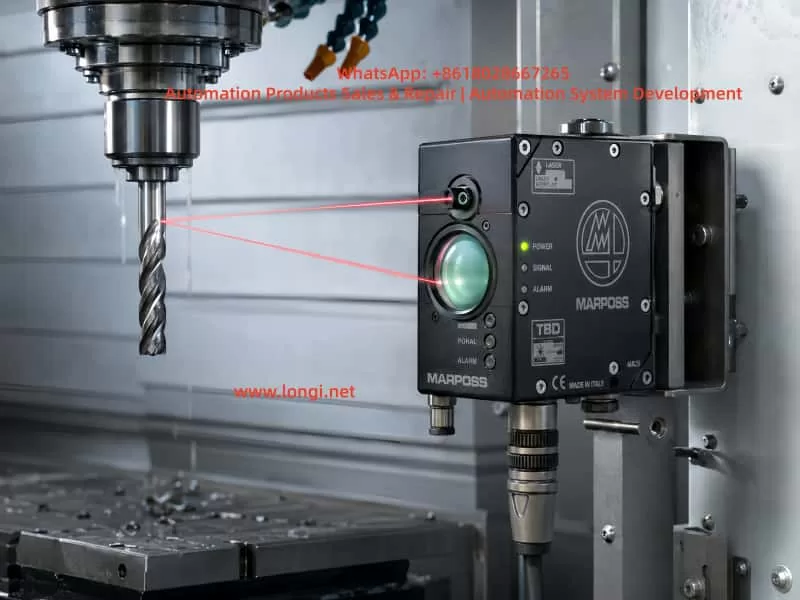 MARPOSS TBD reflective laser tool breakage detector installed inside a CNC machine, emitting and receiving a red laser beam from a rotating cutting tool for non-contact tool presence detection.