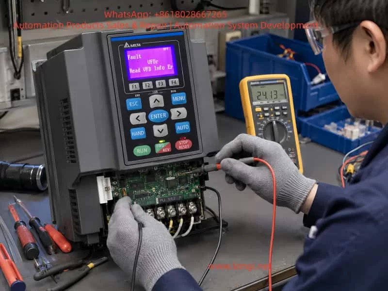 Technician testing a Delta C2000 inverter control board with a multimeter while diagnosing the VFDr keypad communication fault.