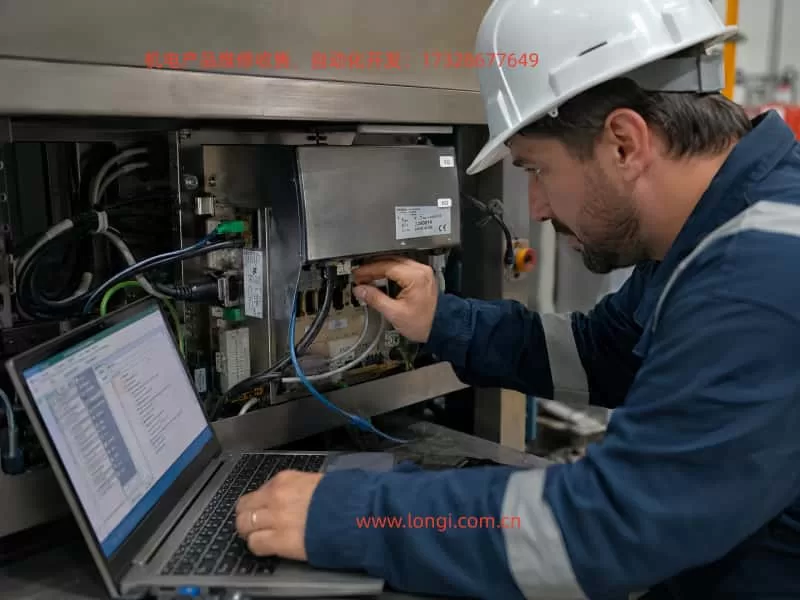 Technician wearing a white safety helmet and protective workwear troubleshooting a Mettler Toledo Garvens X-Terminal IPC, adjusting cables and connections while monitoring a laptop connected to the industrial terminal inside a factory setting.