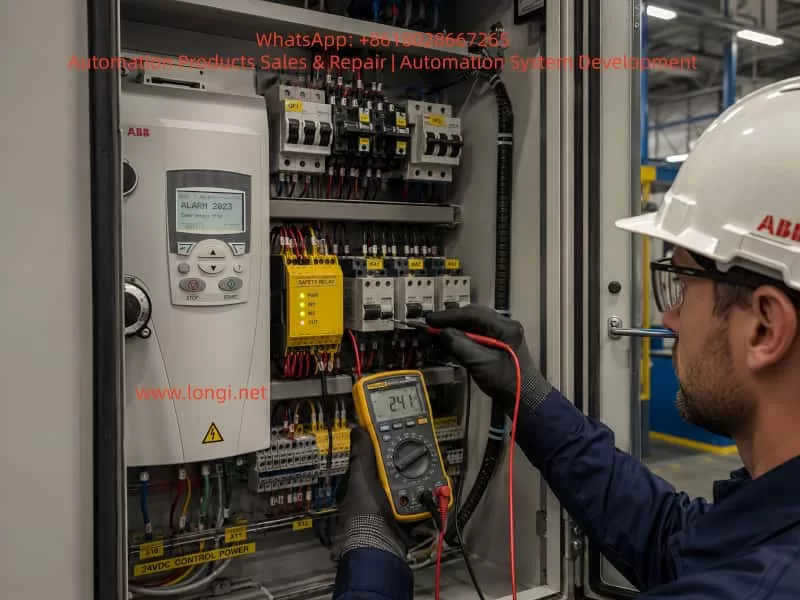 Technician using a multimeter to troubleshoot the emergency stop circuit and safety relay wiring of an ABB ACS550 drive inside an electrical control cabinet.