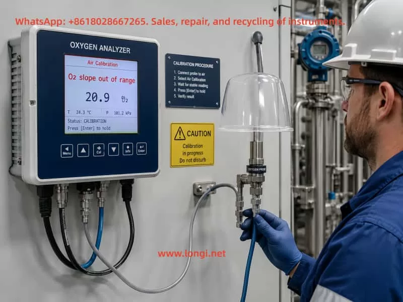 Oxygen probe maintenance and slope alarm diagnosis, showing membrane inspection, electrolyte service, connector checks, and recalibration tools.