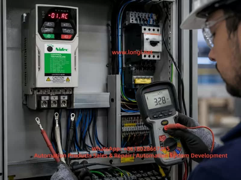 Electrical technician testing disconnected U, V and W motor cables with an insulation resistance tester on a Nidec Unidrive M300 drive system showing an OI.AC fault.