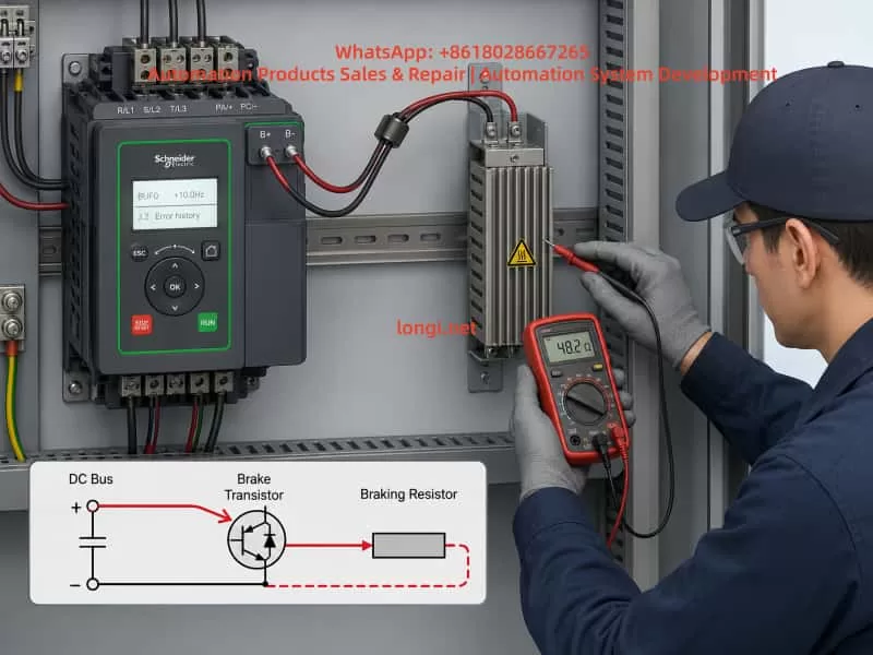 Technical troubleshooting diagram for an Inovance CS700 hoist drive system showing the inverter, motor, brake, gearbox, encoder, lifting drum, load, power input, and Er.138 fault inspection path.