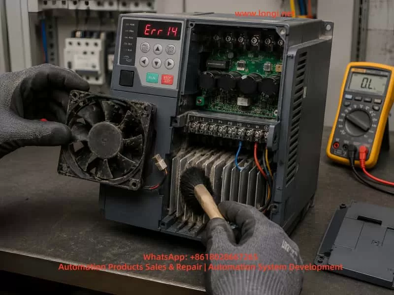 Technician servicing an Inovance MD310 VFD with Err14 fault, cleaning a dusty cooling fan and heatsink while inspecting internal components with a multimeter.