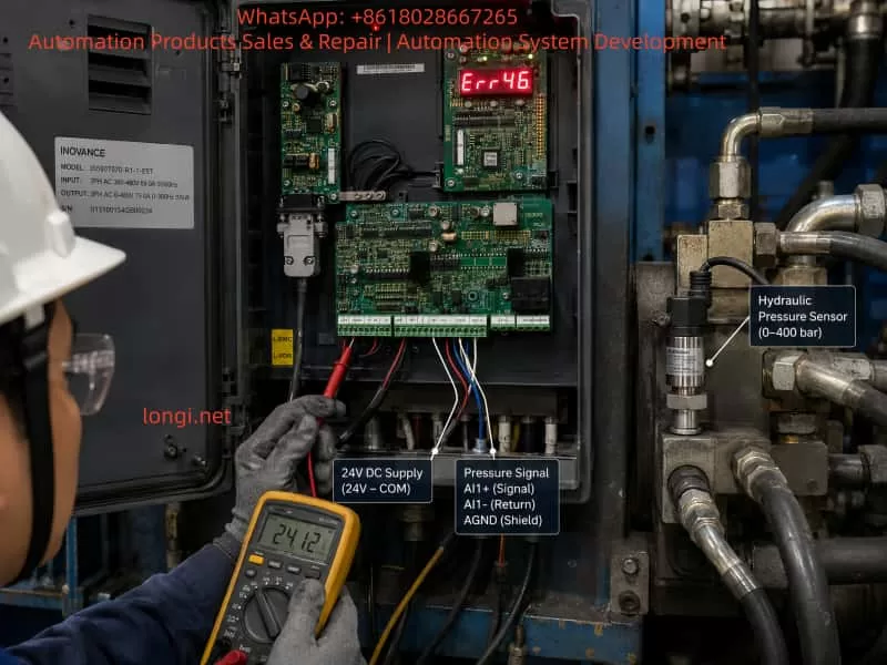 Technician troubleshooting an Inovance IS580 hydraulic servo drive Err46 pressure sensor fault by measuring the 24 VDC supply and analog pressure feedback signal at the hydraulic control cabinet.