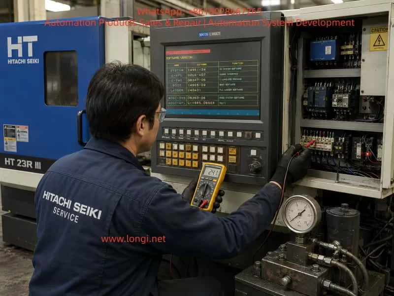 Service engineer troubleshooting a Hitachi Seiki HT 23R III CNC lathe with SEICOS L MULTI control, checking the open electrical cabinet and hydraulic pressure during an L2191 MACHINE UNREADY fault diagnosis.