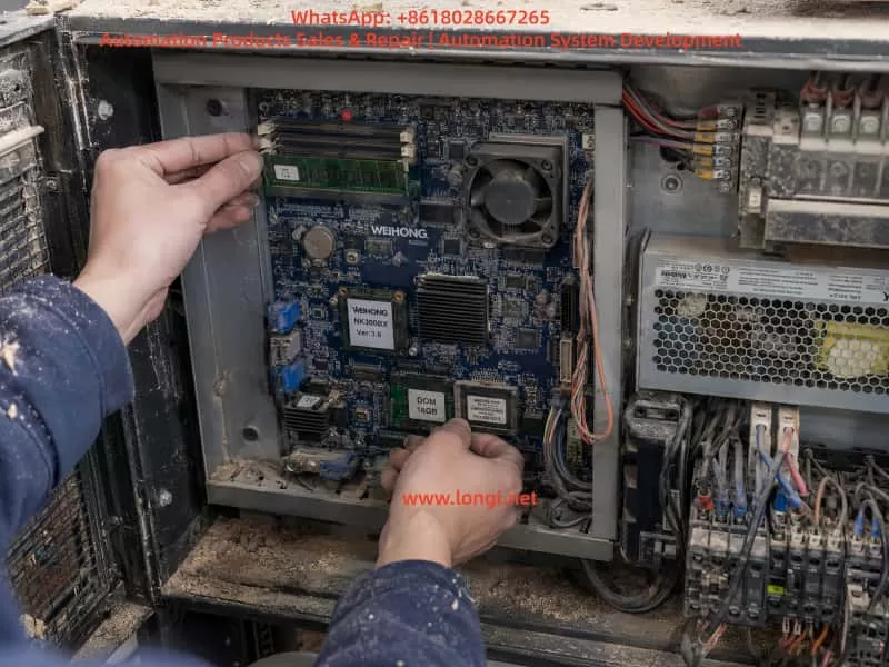 Technician inspecting the internal motherboard, RAM module, DOM system disk, power supply, and cooling area inside a dusty WEIHONG NK300BX CNC controller cabinet.