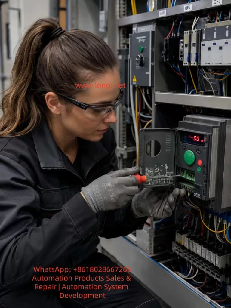 Female electrician wearing safety glasses and gloves repairing a Schneider ATV310 variable frequency drive inside an industrial electrical control cabinet.