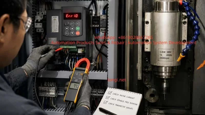 Technician troubleshooting a KC500 inverter Err10 overload fault while measuring current on a 3.3 kW 400 Hz spindle motor system.
