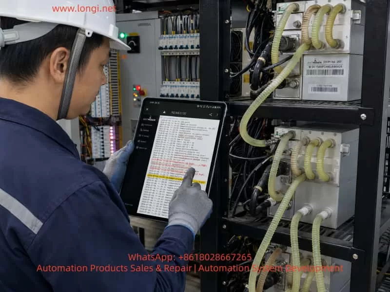 Technician inspecting Antminer S19 XP Hyd. miners with a tablet displaying high-temperature and miner log warnings in a hydro-cooled mining facility.