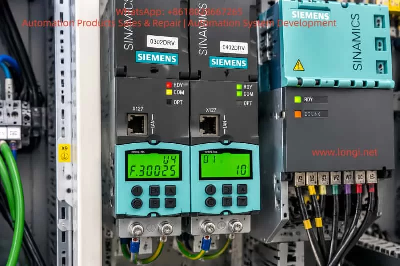 Close-up view of Siemens SINAMICS S120 Motor Modules inside an industrial control cabinet showing F30025 overtemperature fault indication and drive status LEDs during troubleshooting.