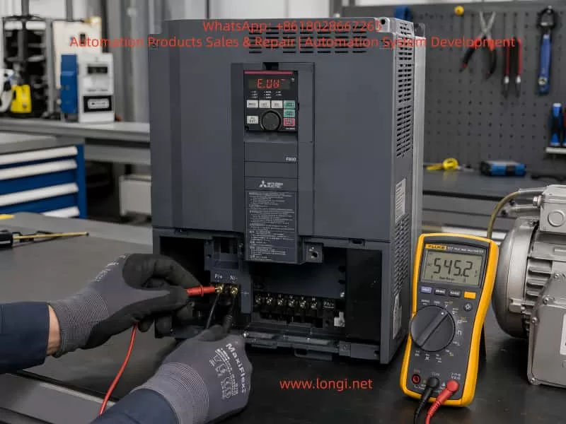 Mitsubishi FR-F840 inverter E.UVT undervoltage fault troubleshooting with DC bus voltage measurement using a digital multimeter