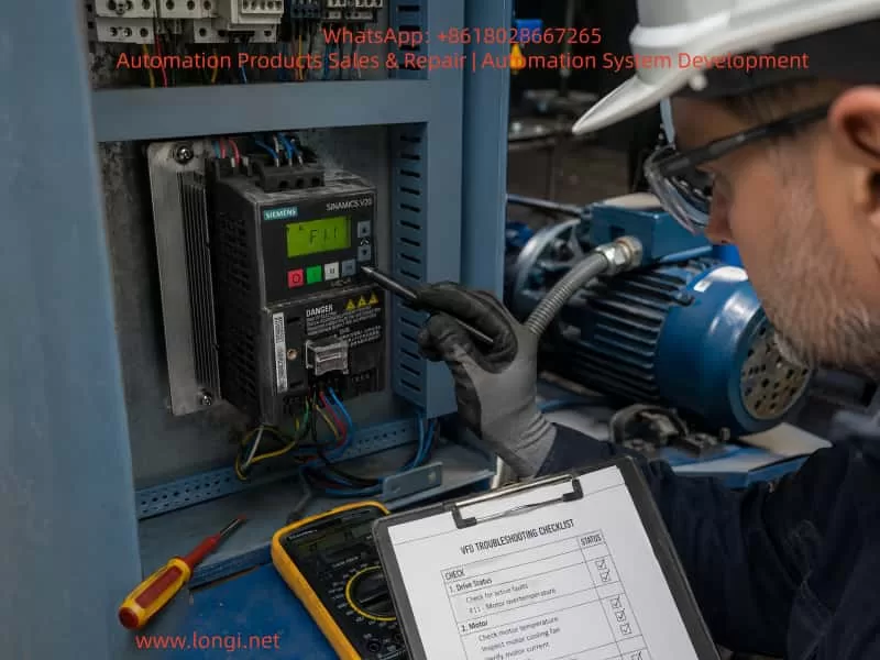 Technician troubleshooting a Siemens SINAMICS V20 variable frequency drive displaying F11 motor overtemperature fault inside an industrial control cabinet, checking the inverter status and motor system during maintenance.
