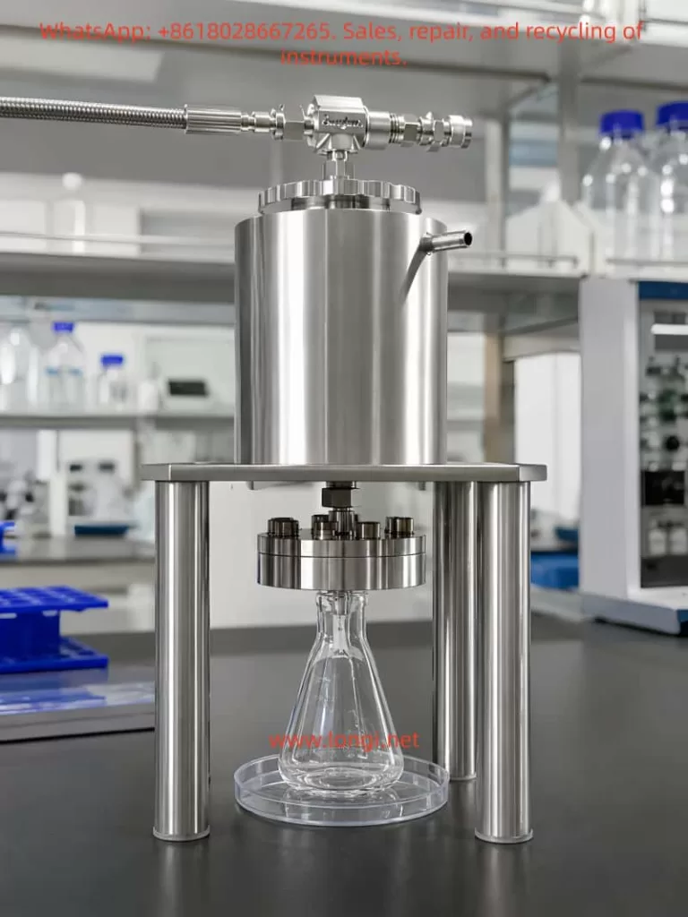 Avestin LiposoFast LF-1 liposome extruder assembled with stainless steel extrusion chamber and laboratory support stand for nanoparticle preparation
