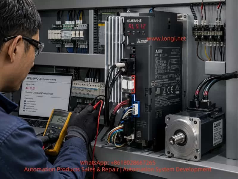 Technician using a multimeter and diagnostic laptop to troubleshoot a Mitsubishi MELSERVO-JE servo drive displaying the AL.51.2 stopped-state thermal overload alarm inside an industrial control cabinet.