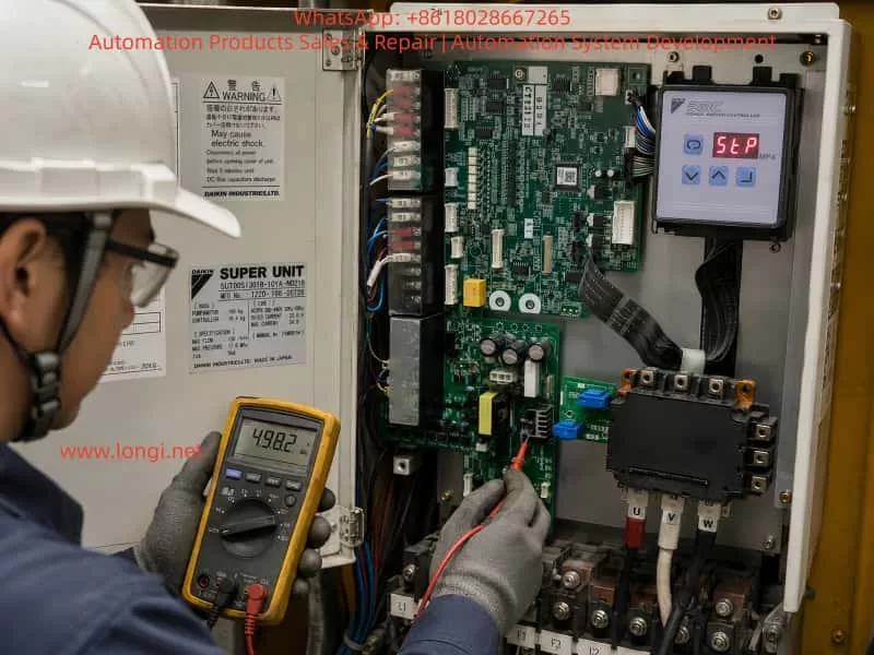 A technician inspecting a Daikin SUT00 servo-hydraulic control unit inside an industrial electrical cabinet. The cabinet door is open, showing the Daikin PMC Power Motion Controller display with a red “StP” stop status, internal control boards, power board, IPM module, wiring terminals, and motor connections. The technician uses a digital multimeter to measure voltage while troubleshooting the controller after replacing electronic components. The image illustrates industrial maintenance, electrical diagnosis, and troubleshooting of a servo hydraulic system.