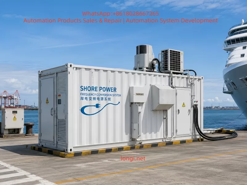 Containerized shore power frequency conversion system installed at a harbor for ship electrical power supply, showing industrial enclosure, cooling units, power cables, and maritime infrastructure