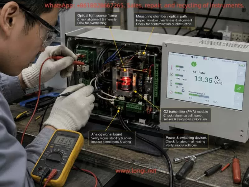 Technician diagnosing an online oxygen analyzer with the enclosure open, inspecting the optical light source, measuring chamber, analog signal board, transmitter module, and power switching devices using a multimeter.