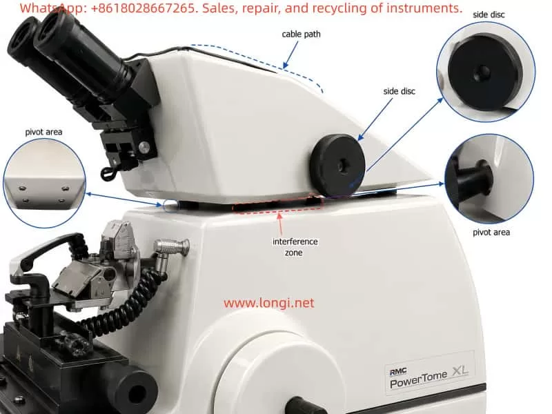 Technical diagnostic illustration of an RMC PowerTome XL ultramicrotome stereomicroscope holder, highlighting the pivot area, side adjustment disc, cable path, and possible interference zone that may cause localized rotation resistance.