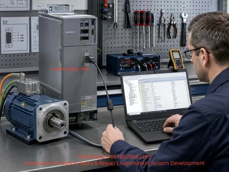 Bosch Rexroth IndraDrive C servo drive and industrial motor connected on a repair bench, with a technician using a laptop for parameter diagnostics through the X2 serial interface.