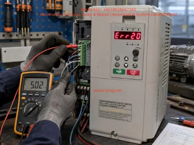 Technician troubleshooting AnyHz FST-650 inverter Err20 encoder fault using a multimeter to check PG card and encoder feedback wiring in an industrial maintenance workshop