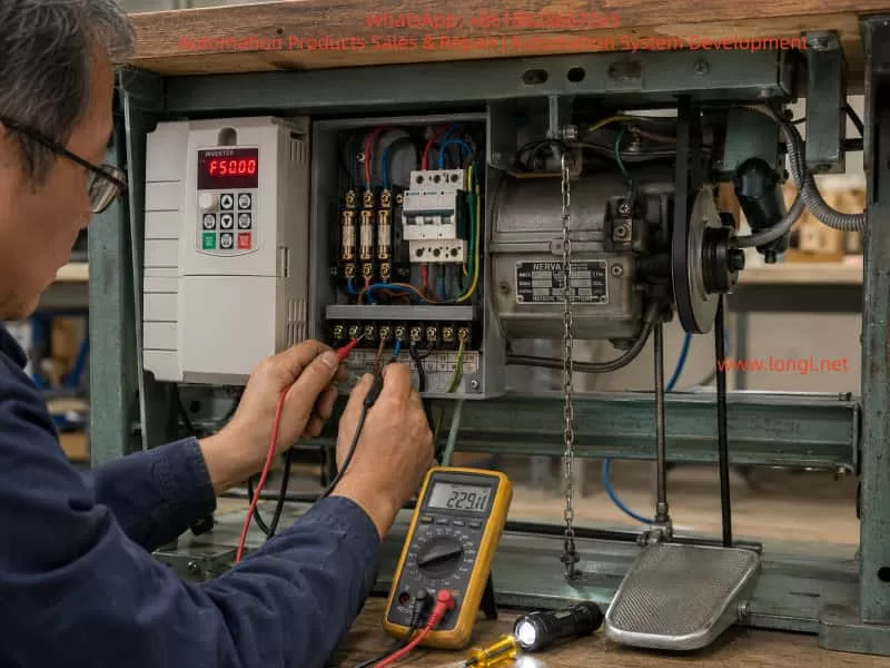 Industrial maintenance technician diagnosing a sewing machine drive system powered by a variable frequency drive, inspecting wiring connections and using measurement tools inside an electrical control panel during troubleshooting.
