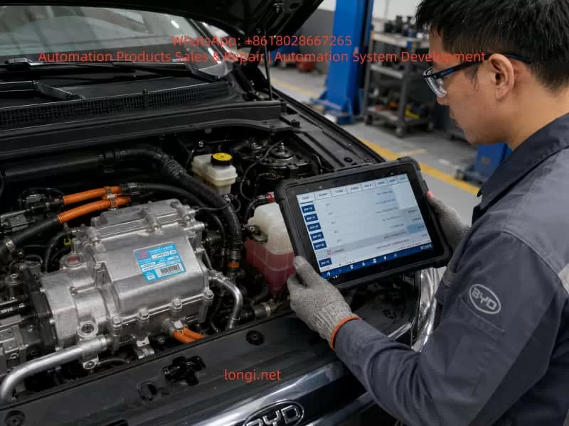 Automotive technician using a diagnostic tablet to inspect a BYD electric vehicle high-voltage A/C compressor and thermal management system in a workshop.