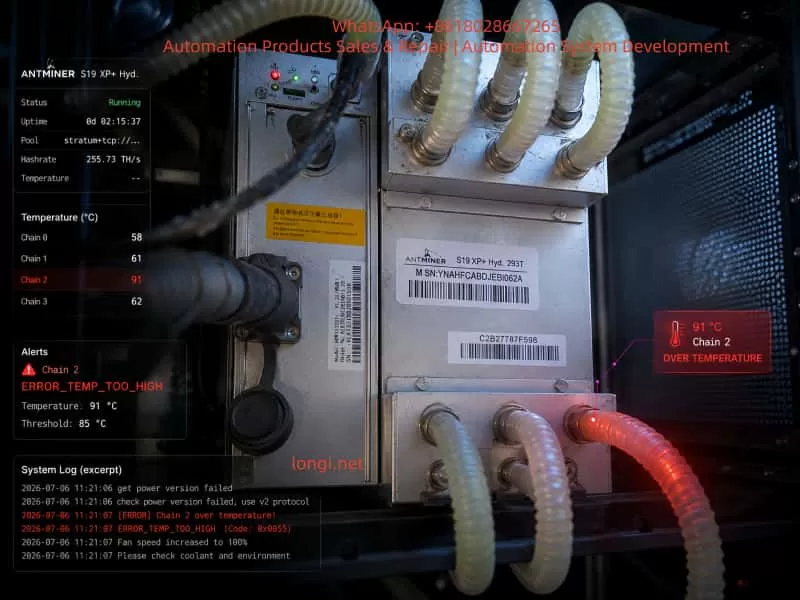 Close-up of an Antminer S19 XP+ Hyd. miner showing a Chain 2 overtemperature alarm, coolant hoses, and diagnostic log information.
