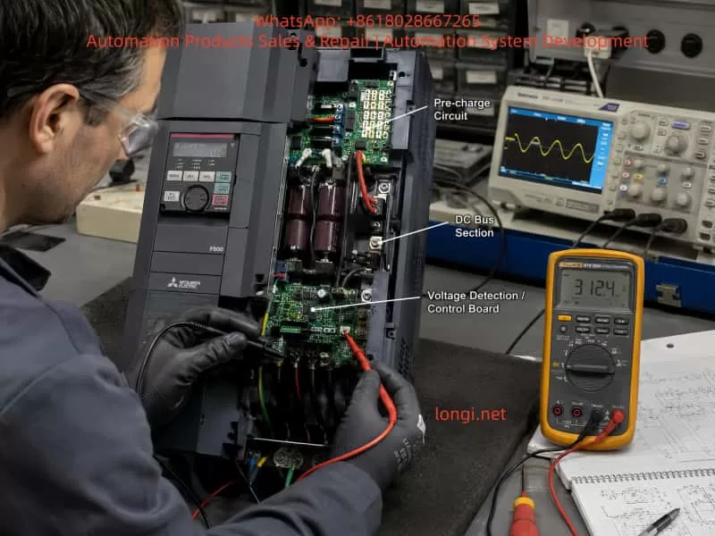Mitsubishi FR-F840 variable frequency drive repair showing pre-charge circuit, DC bus section, and voltage detection control board inspection during E.UVT fault diagnosis