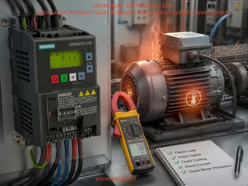 Siemens SINAMICS V20 inverter showing F11 motor overtemperature fault with an overheated electric motor, clamp meter current measurement, and diagnostic checklist for industrial drive troubleshooting.