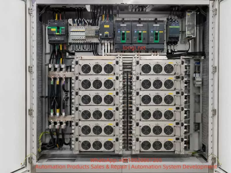 Internal structure of a high-power shore power frequency converter cabinet with modular inverter units, cooling fans, circuit breakers, busbars, and industrial power distribution components