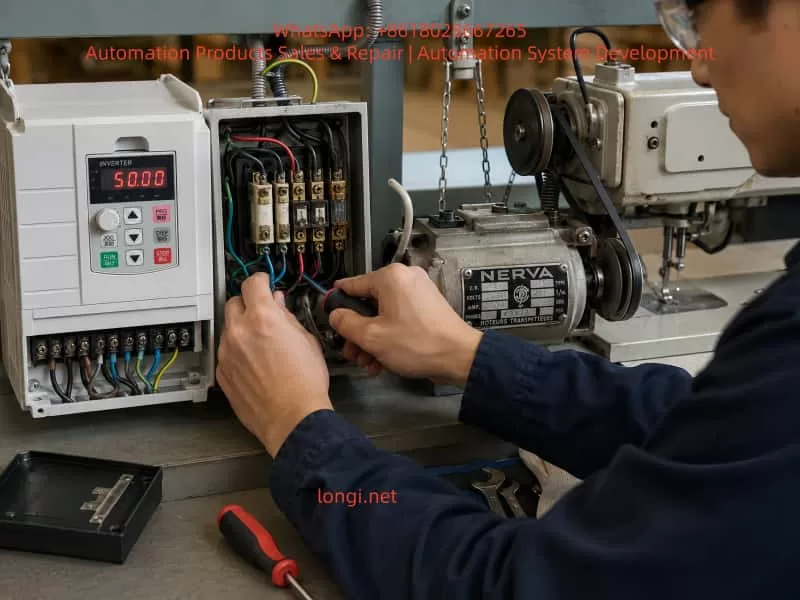 Technician repairing and replacing a faulty electrical contactor in a VFD-controlled sewing machine motor system, showing the drive operating smoothly after correction in an industrial workshop setting.