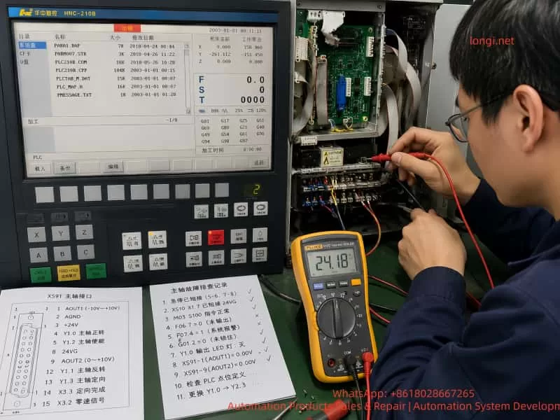 Engineer repairing an open HNC-210B CNC control unit with a digital multimeter, testing internal circuit boards, XS91 spindle interface signals, and PLC configuration files.