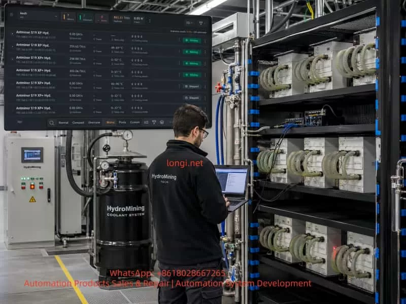 Engineer monitoring multiple hydro-cooled Antminer miners, coolant systems, and mining status from a laptop in an industrial mining facility.