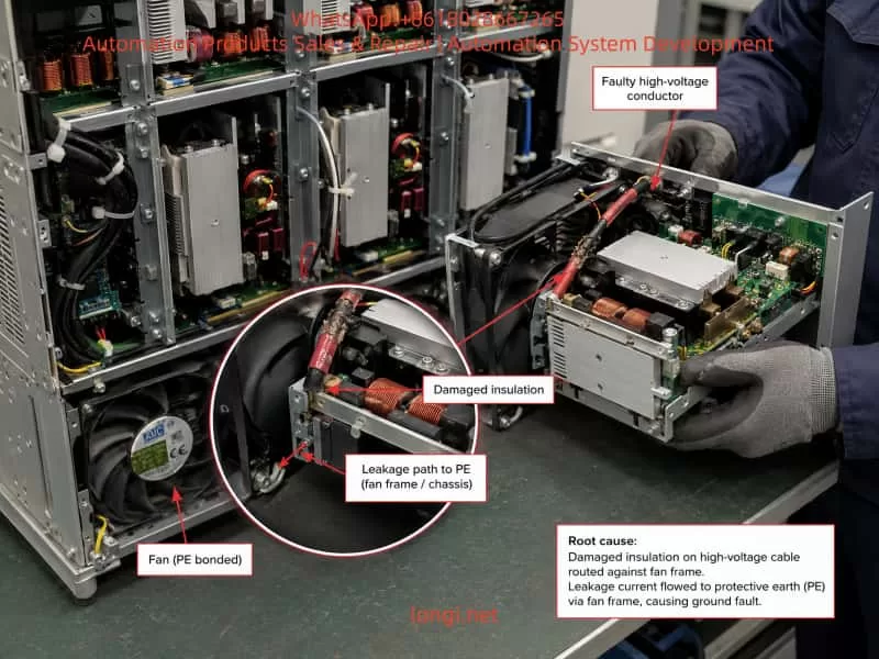 Fault diagnosis of a shore power converter module showing damaged high-voltage cable insulation, leakage path to protective earth, cooling fan grounding connection, and maintenance inspection process