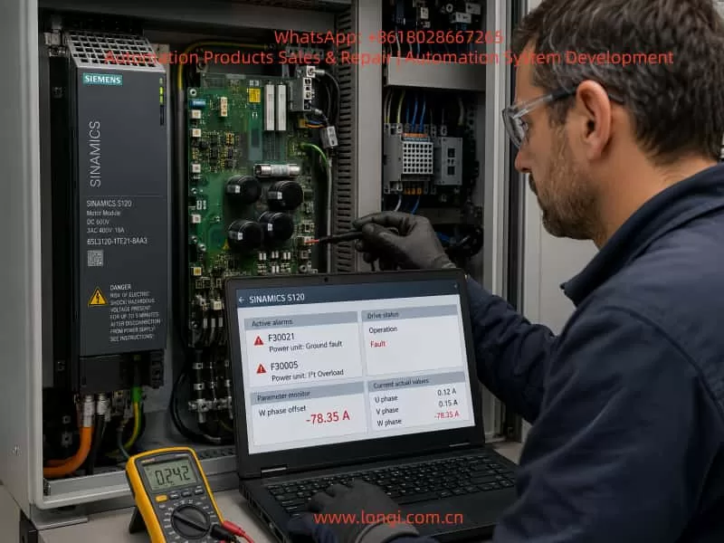 Siemens SINAMICS S120 F30021 F30005 fault diagnosis with -78.35A W-phase current offset