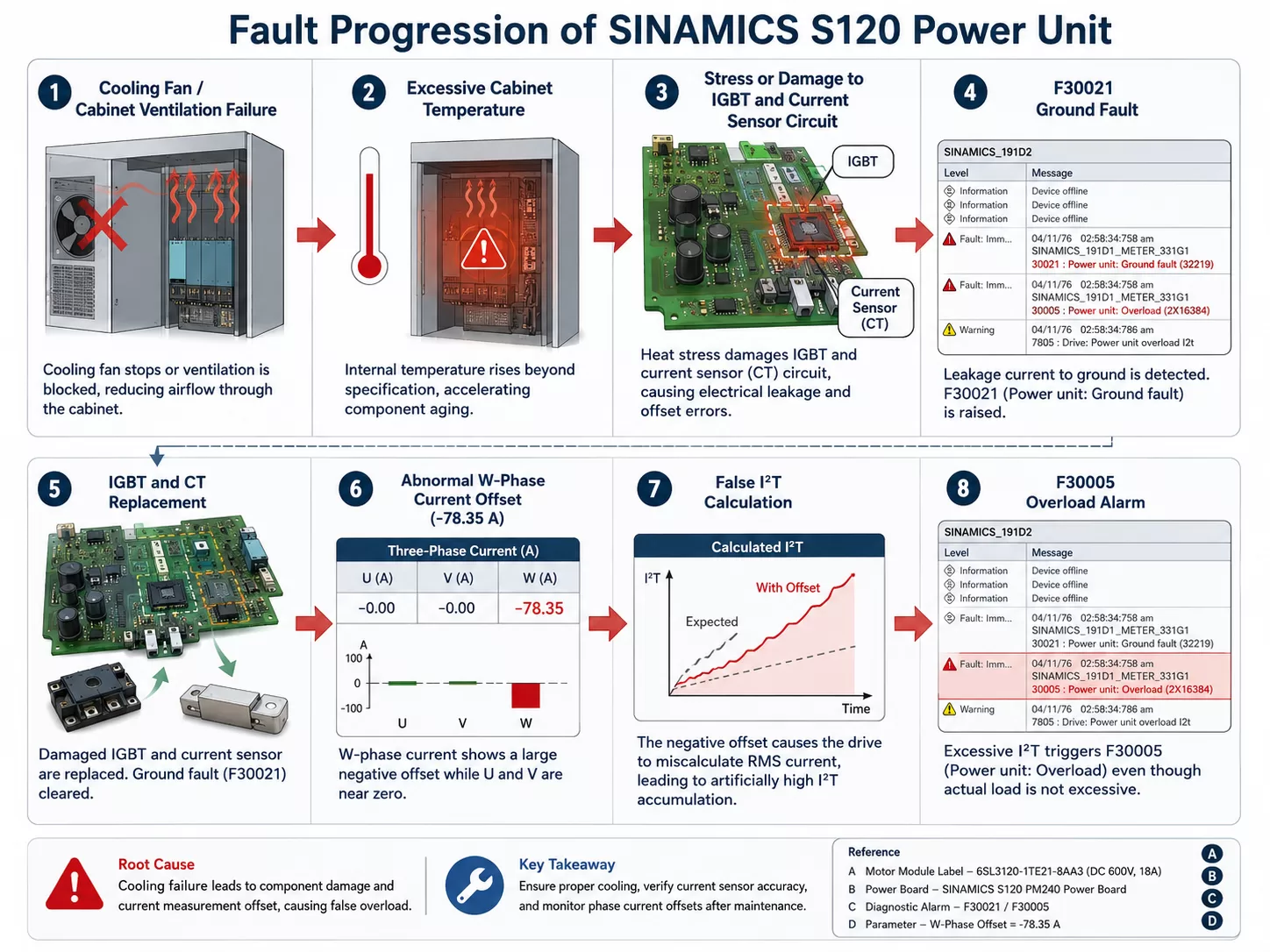 SINAMICS S120 F30021 F30005 fault progression from overheating to current sensor failure